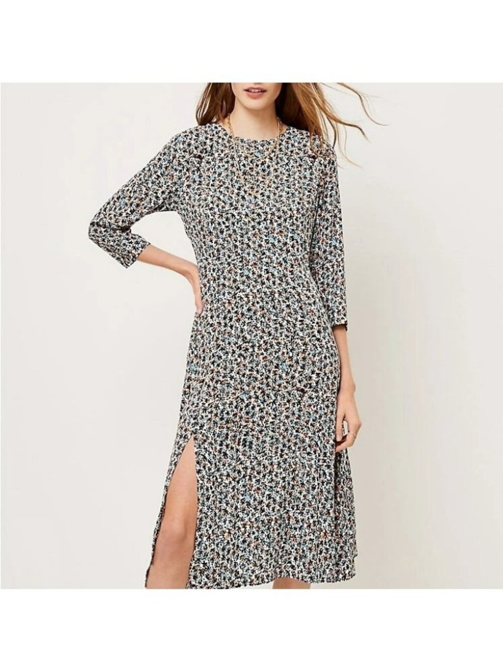 LOFT Multicolor Crew Neck Long Sleeve Midi Dress Blue Orange Floral Leg Slit